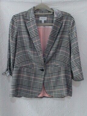 ELLE Glen Plaid Blazer Jacket with Tie Sleeves – Black, White & Pink (Size M)